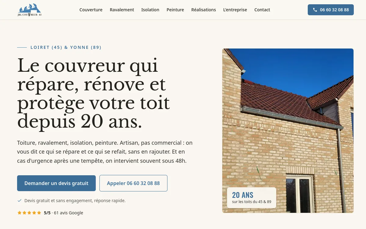Page d'accueil du site JBL Couvreur 45, réalisé par Reevup